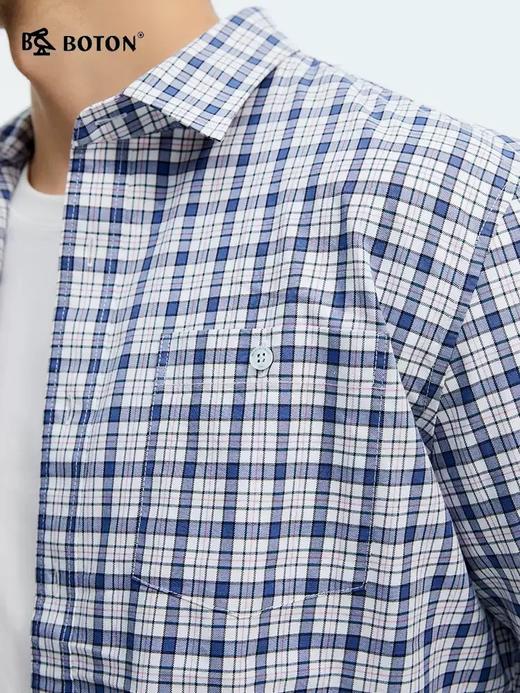 波顿男士春夏季清新蓝白格长袖格子衬衫休闲棉质百搭衬衣MS111125 商品图5
