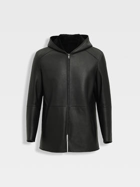 callisto黑色羊毛皮革连帽皮衣