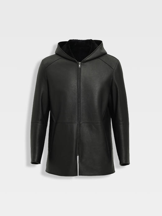 callisto黑色羊毛皮革连帽皮衣 商品图0