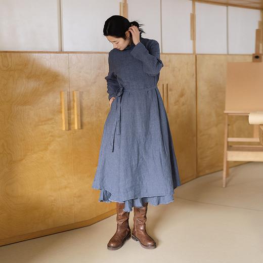 绽放049朵/色织亚麻双层毛边文艺长袖连衣裙女春季新款简约长裙子 商品图0