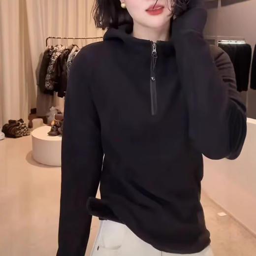 丁摩 锦梳棉半拉链连帽卫衣女春秋内搭打底帽衫上衣潮5ZF-8639 商品图1