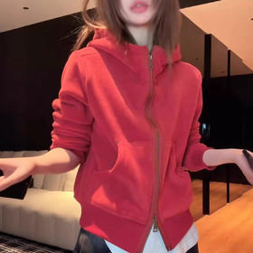 丁摩 高端新年红加绒连帽卫衣外套女秋冬新款双拉链修身上衣潮5ZF-0035