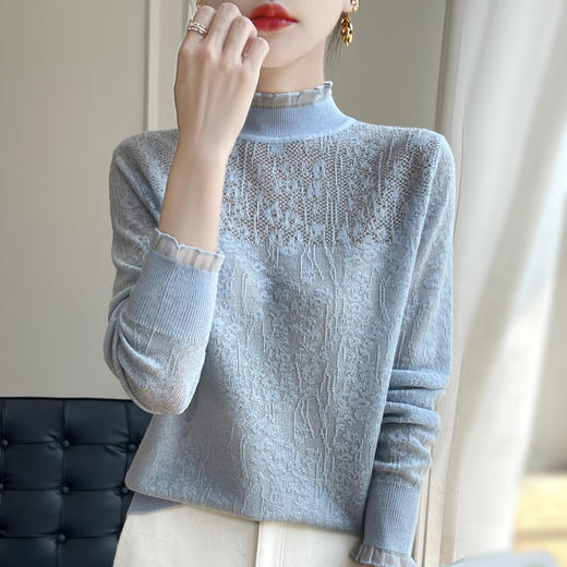 丁摩 春秋新款法式精纺羊毛半高领针织衫长袖蕾丝钩花设计感上衣5ZF-299 商品图3