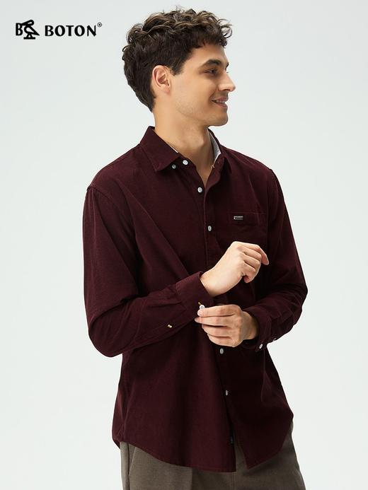 波顿男士秋冬灯芯绒净色长袖衬衫翻领修身通勤百搭衬衣MS130325 商品图3