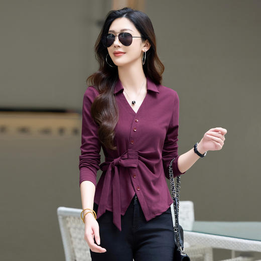 百媚生 棉质翻领长袖T恤收腰系带上衣6652 商品图0