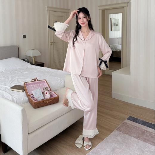 【垂顺丝滑❗️显瘦遮肉】2026冰丝睡衣套装女高级感甜美蝴蝶结袖口荷叶边长袖家居服薄。jd 商品图3
