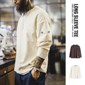 马登工装美式复古长袖T恤棉V领套头白色宽松垂感外穿卫衣男款春