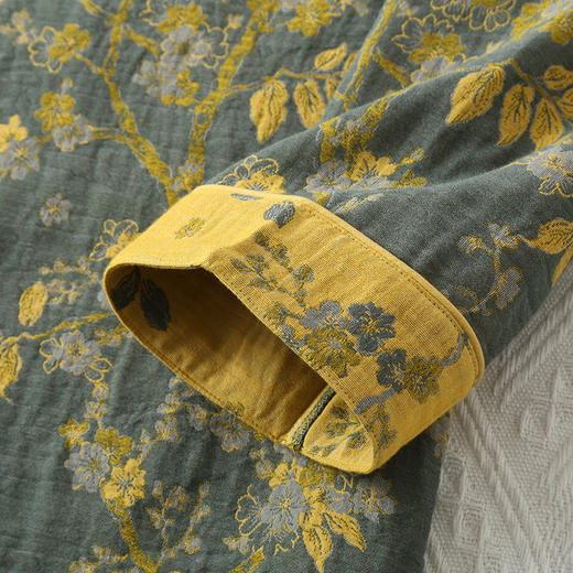 丁摩 春秋中式国风睡衣女纯棉色织纱布睡衣九分袖斜襟家居服套装可外穿5ZF-296 商品图1