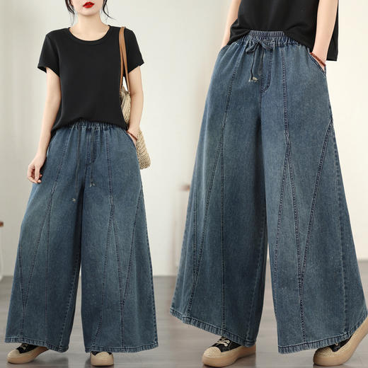 百媚生 民族风重工刺绣花朵宽松系带直筒阔腿牛仔裤C053-209 商品图0