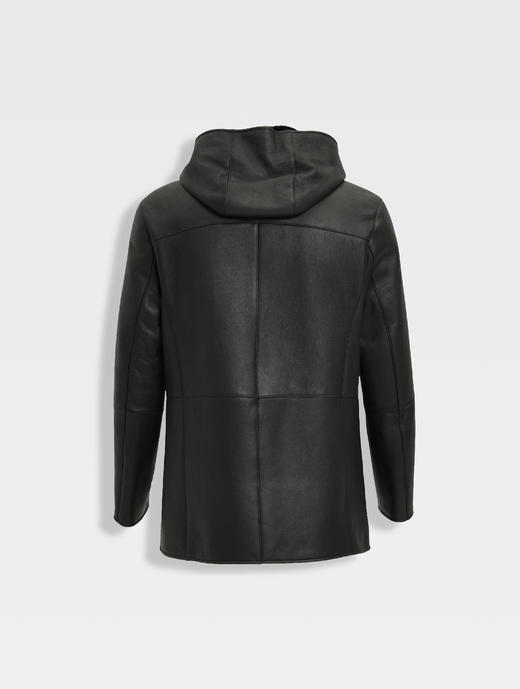 callisto黑色羊毛皮革连帽皮衣 商品图1