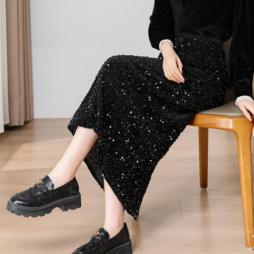 丁摩 新品色亮片半身裙女中长款春秋新款高腰丝绒a字裙半裙包臀裙5ZF-D887 商品图1