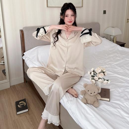 【垂顺丝滑❗️显瘦遮肉】2026冰丝睡衣套装女高级感甜美蝴蝶结袖口荷叶边长袖家居服薄。jd 商品图2