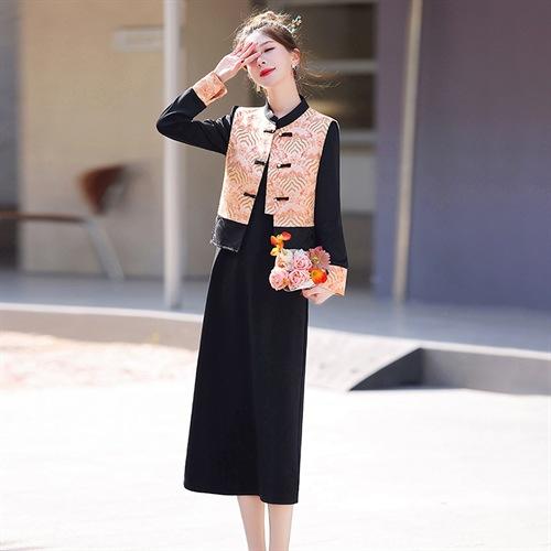 丁摩 新中式风复古盘扣马甲丝绒连衣裙套装女春秋显瘦长裙两件套5ZF-12643 商品图4