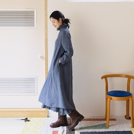 绽放049朵/色织亚麻双层毛边文艺长袖连衣裙女春季新款简约长裙子 商品图2