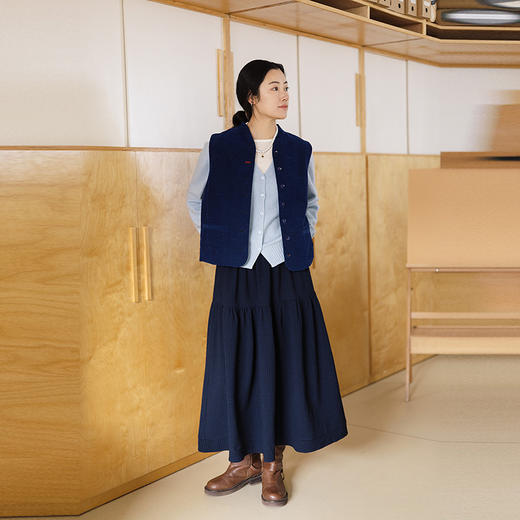 绽放050朵/色织丝棉细条灯芯绒叠搭马甲小立领百搭马夹外套春新款 商品图2