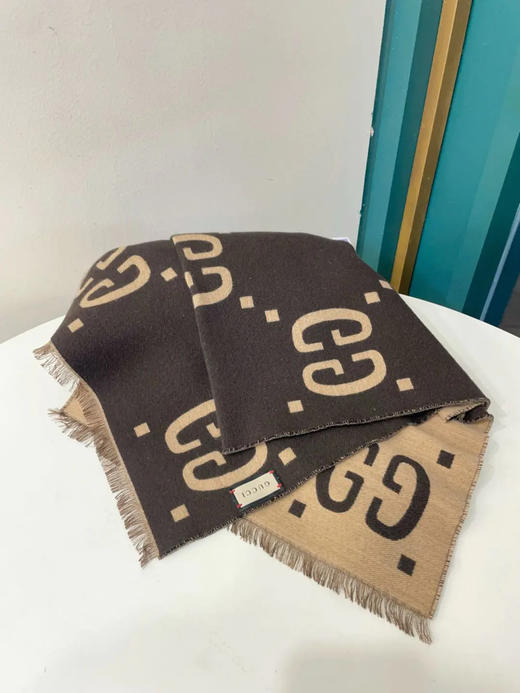 GUCCI 双G 老花 棕色 羊毛 围巾 商品图0