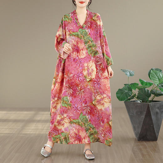 百媚生 V领印花袍子长裙女遮肉显瘦棉麻连衣裙5254 商品图2