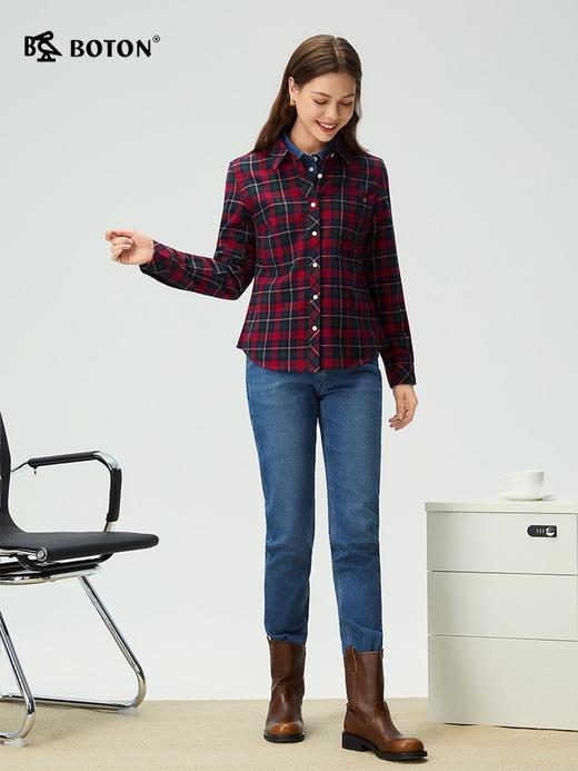 【抗菌防臭】波顿女士秋冬季苏格兰格纹磨毛长袖衬衫通勤休闲衬衣LS088325 商品图1