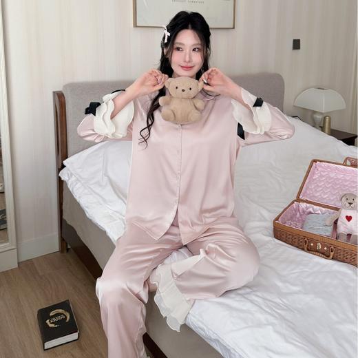 【垂顺丝滑❗️显瘦遮肉】2026冰丝睡衣套装女高级感甜美蝴蝶结袖口荷叶边长袖家居服薄。jd 商品图0