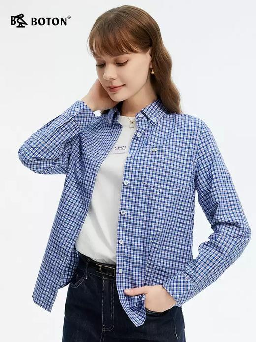 波顿女士春夏季彩蓝白色长袖格子衬衫高端美式休闲衬衣LS063125 商品图1