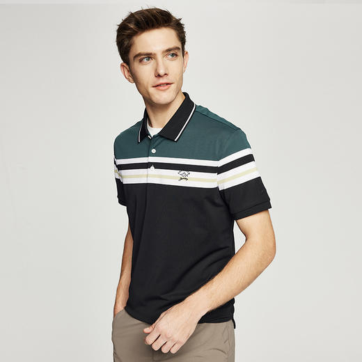德鲨鲨鱼弹力短袖POLO衫男2026夏新款休闲条纹撞色翻领T恤 商品图1