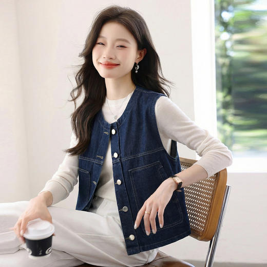 百媚生 复古深蓝色牛仔马甲女短款春秋马夹BK9006 商品图3