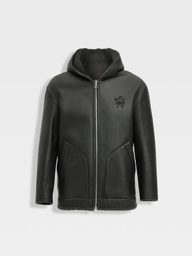 callisto黑色双面可穿羊毛皮革连帽皮衣