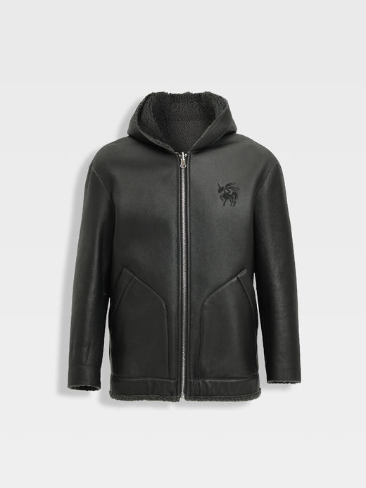 callisto黑色双面可穿羊毛皮革连帽皮衣 商品图0