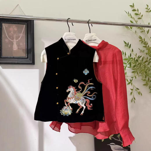 丁摩 早春新款新中式国风本命年重工刺绣真丝绒坎肩马甲上衣5ZF-043 商品图0