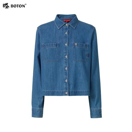 波顿女士春夏季蓝色短款长袖牛仔衬衫宽松独特好看衬衣LS058125 商品图5