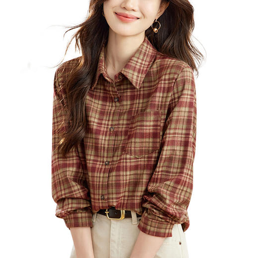丁摩 磨毛红格子衬衫女长袖春装新款上衣文艺复古衬衣5ZF-410958 商品图4