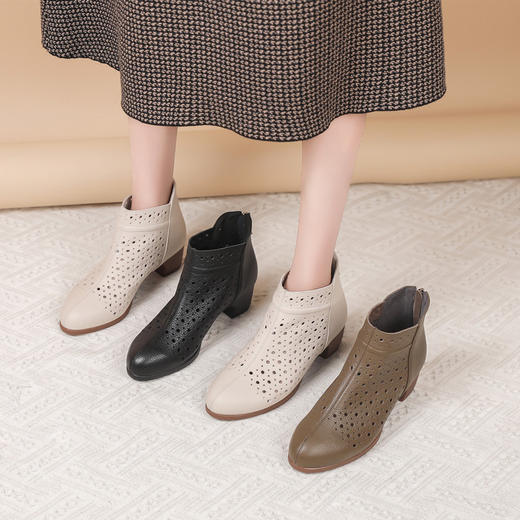 丁摩 春夏款真皮复古风凉靴舒适压花镂空软底中粗跟女靴透气妈妈鞋5ZF-6128 商品图1