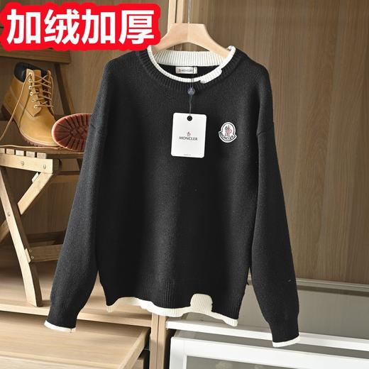 蒙口2026冬季男士底抓绒加厚假两件纯色绵羊绒圆领加厚落肩袖套头毛衣 商品图2