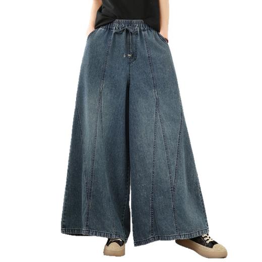 百媚生 民族风重工刺绣花朵宽松系带直筒阔腿牛仔裤C053-209 商品图4