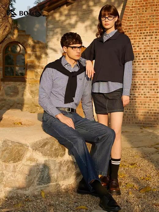 波顿女士春夏季彩蓝白色长袖格子衬衫高端美式休闲衬衣LS063125 商品图3