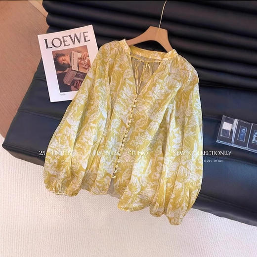 丁摩 法式国风雪纺印花v领长袖衬衫女春夏新款宽松显瘦气质轻薄防晒上衣5ZF-3886 商品图0