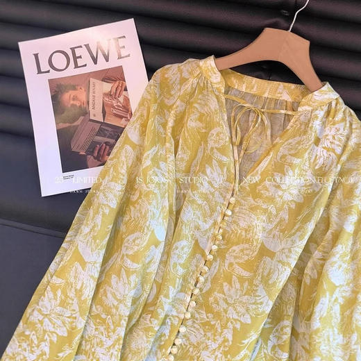 丁摩 法式国风雪纺印花v领长袖衬衫女春夏新款宽松显瘦气质轻薄防晒上衣5ZF-3886 商品图2