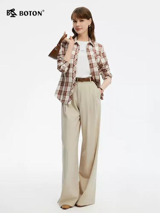 波顿女士春夏季咖杏色格子长袖衬衫高端美式休闲衬衣LS061125 商品图1