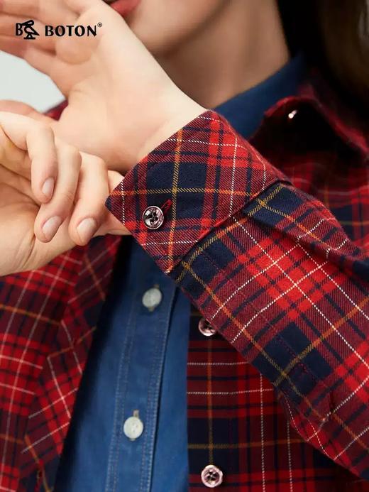 波顿女士春秋冬季翻领长袖磨毛格子衬衫合身显瘦休闲百搭衬衣LS106325 商品图4