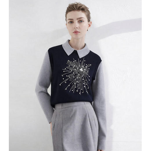 百媚生 羊毛混纺假两件翻领长袖拼色针织衫烫钻钉珠上衣DFL300663 商品图0