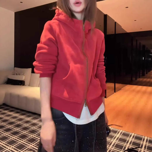 丁摩 高端新年红加绒连帽卫衣外套女秋冬新款双拉链修身上衣潮5ZF-0035 商品图2