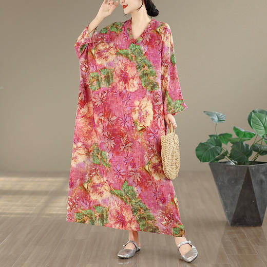 百媚生 V领印花袍子长裙女遮肉显瘦棉麻连衣裙5254 商品图3