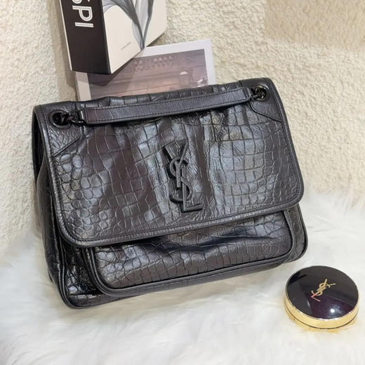 YSL Niki 中号 D扣 so black 鳄鱼压纹牛皮 斜挎包 商品图0