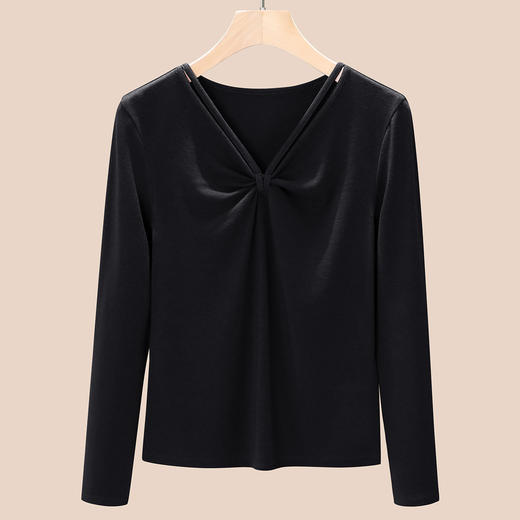 丁摩 设计感别致v领长袖t恤女春季新款修身洋气内搭打底衫上衣5ZF-W24 商品图1