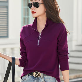 百媚生 棉质翻领拉链长袖T恤82602