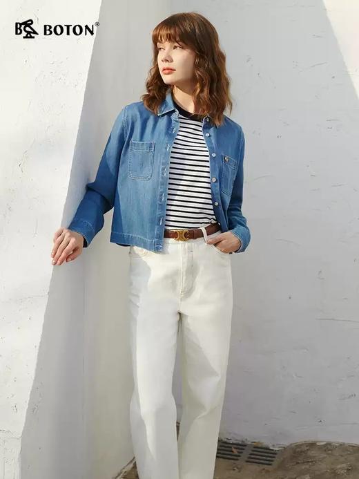 波顿女士春夏季蓝色短款长袖牛仔衬衫宽松独特好看衬衣LS058125 商品图1
