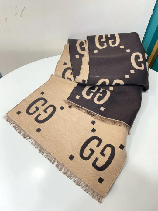 GUCCI 双G 老花 棕色 羊毛 围巾 商品图1