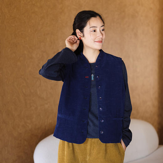 绽放050朵/色织丝棉细条灯芯绒叠搭马甲小立领百搭马夹外套春新款 商品图1