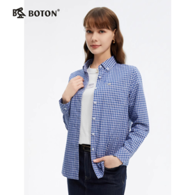 波顿女士春夏季彩蓝白色长袖格子衬衫高端美式休闲衬衣LS063125