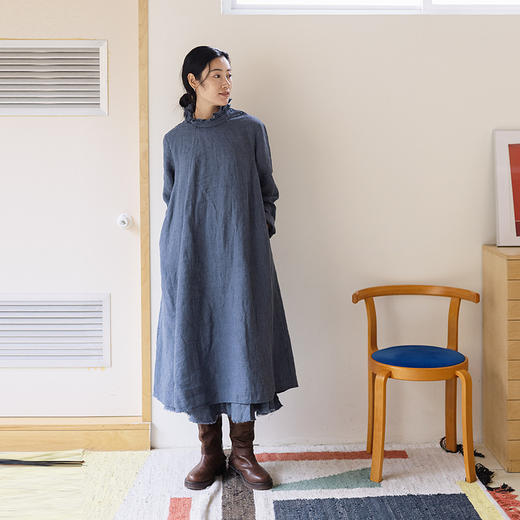 绽放049朵/色织亚麻双层毛边文艺长袖连衣裙女春季新款简约长裙子 商品图1